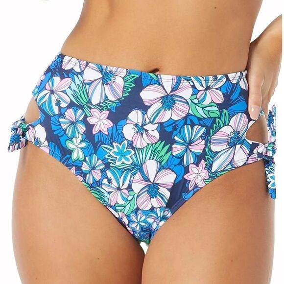 SUNDAZED Tatum Floral-Print Tie Side High-Waist Bottoms, swimsuit L New Blue - Picture 2 of 9